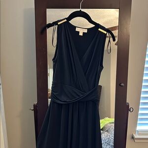 Sleeveless Black Faux-Wrap Women's Dress with Shoulder Tie Detail